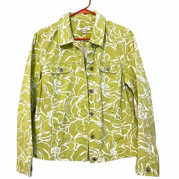 JM Collection Lime Green White Floral Jean Jacket Size 10 - Picture 1 of 6